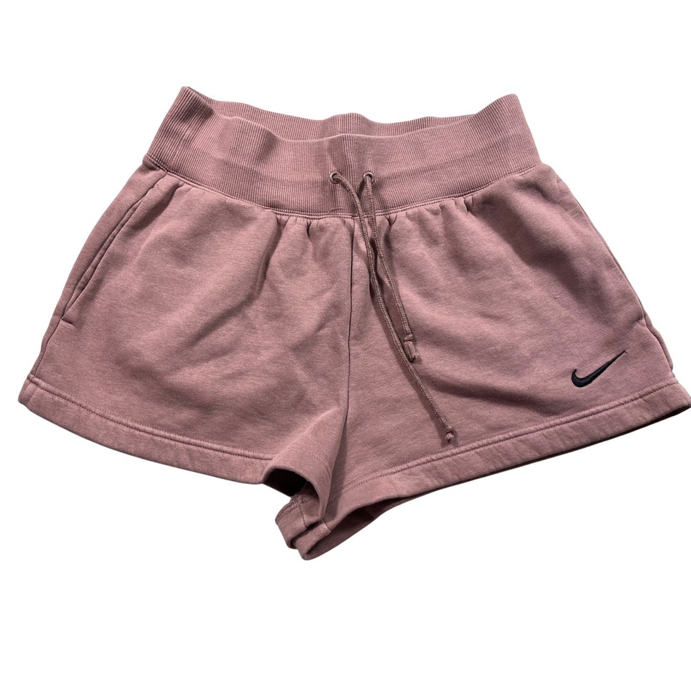 Nike Women's Small Fleece Shorts Dusty Rose Pink High Rise Drawstring Swoosh